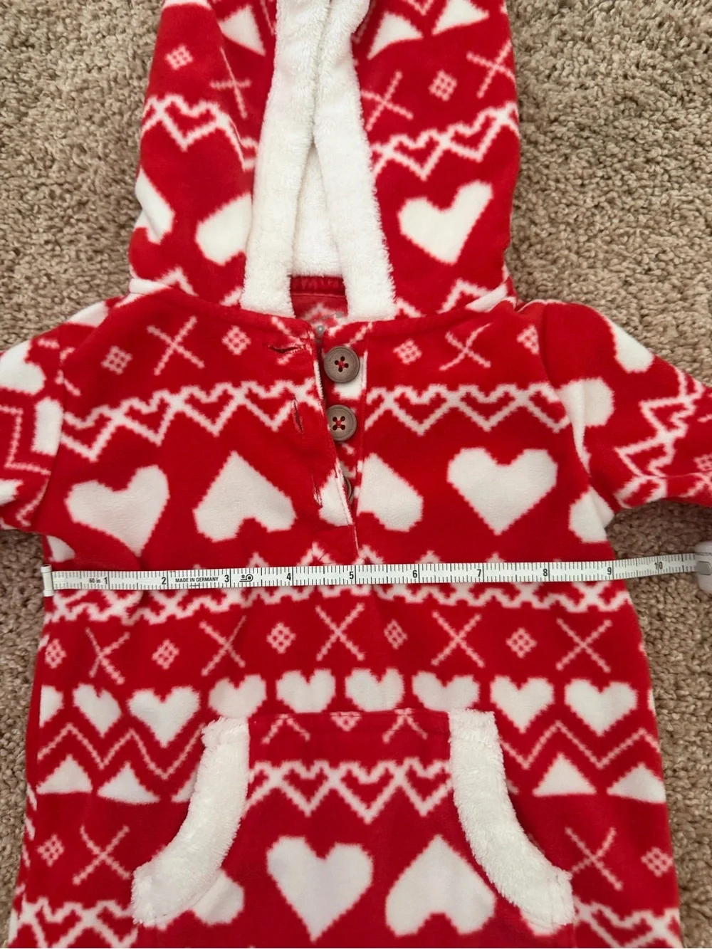 Carter’s Baby 9M Red Heart Fair Isle Fleece Hooded One-Piece Jumpsuit Romper